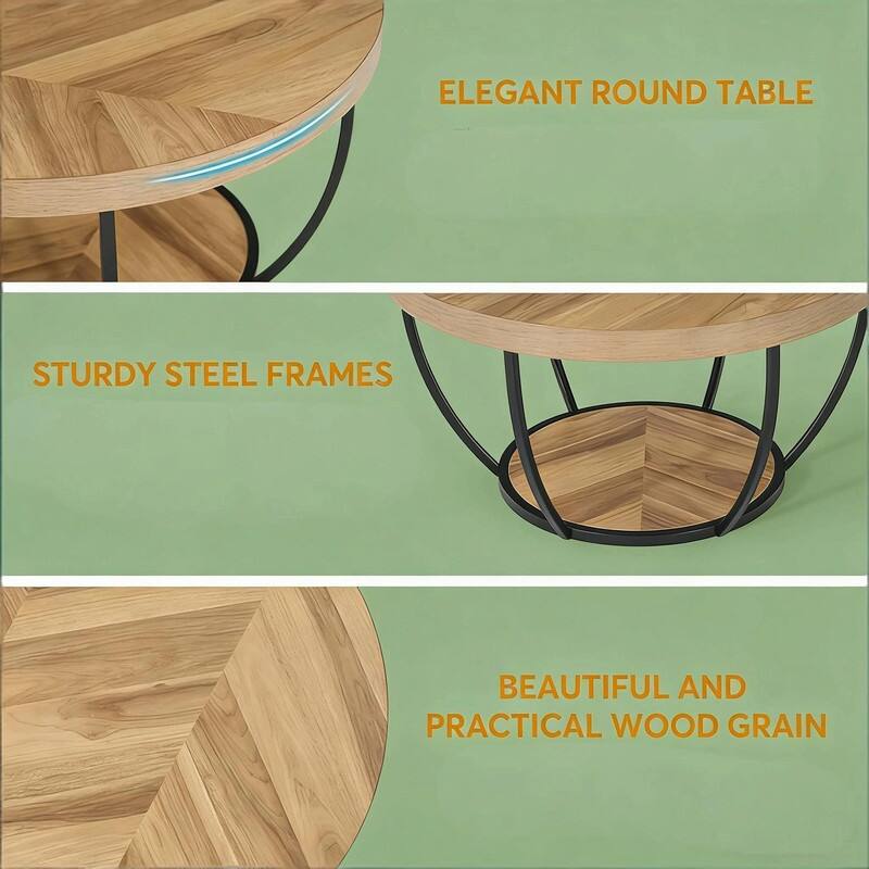 Round 2-Tier Wood Coffee Table with Metal Base for Living Room