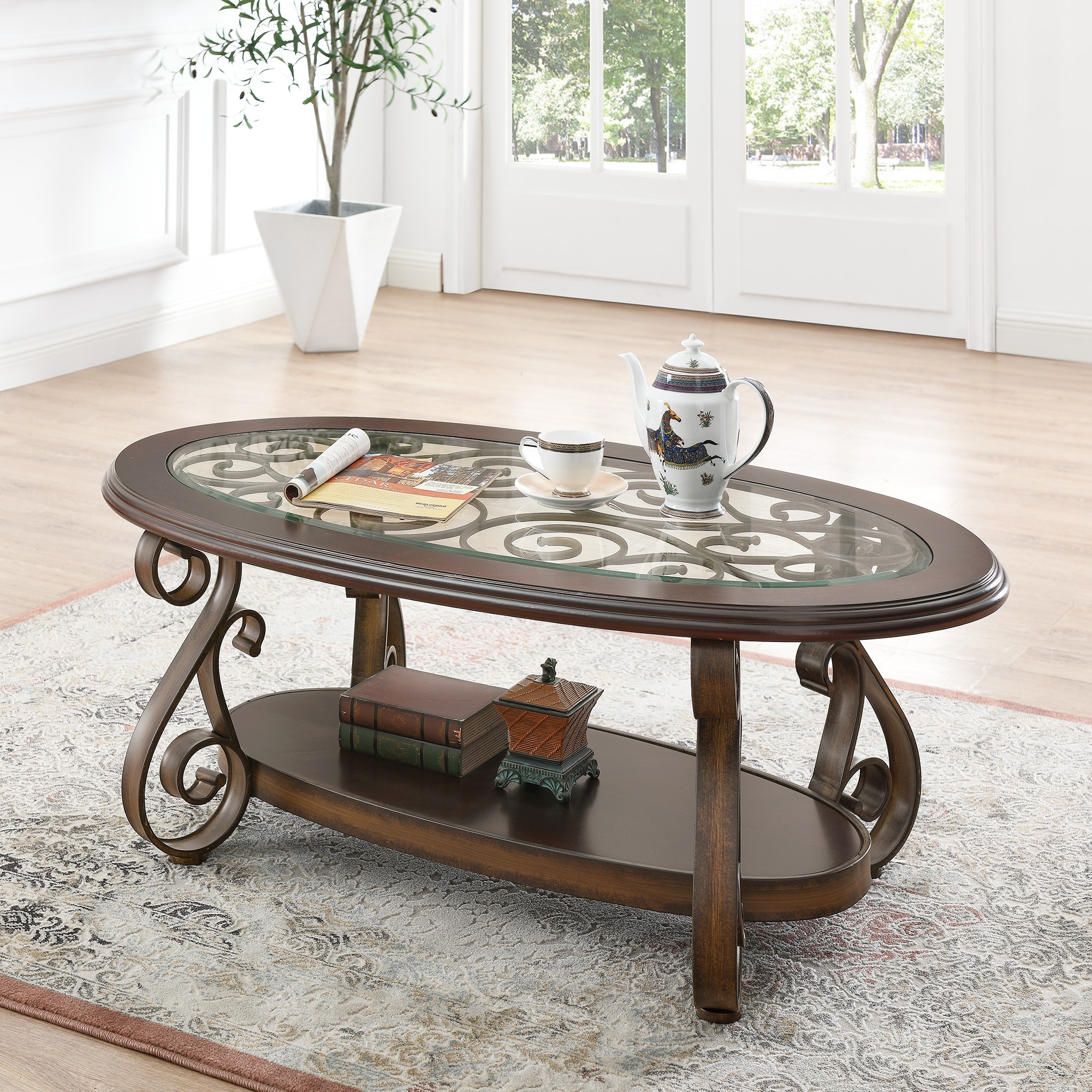 Coffee Table with Glass Table Top and Powder Coat Finish Metal Legs,Dark Brown (52.5"X28.5"X19.5")