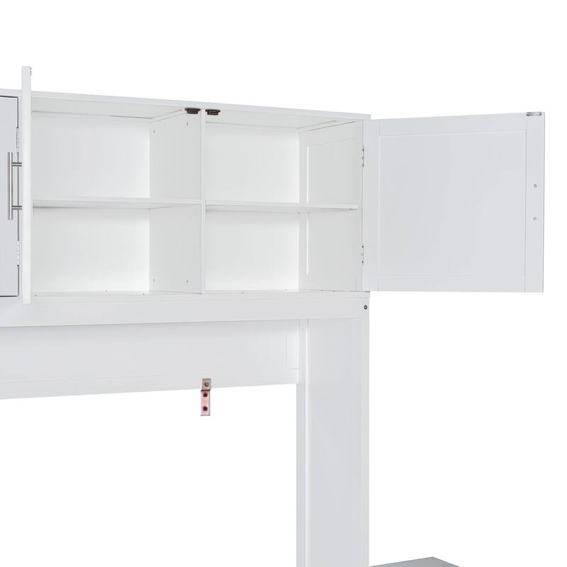 Queen Size Murphy Bed with Desk, Modern Foldable Wall Bed with Storage Shelves and Large Cabinets, Space-Saving Wood Bed Frame