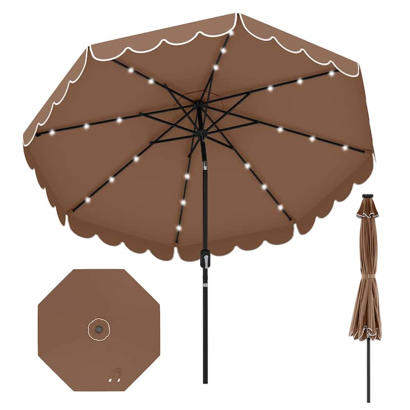 9.3 FT Outdoor Patio Polyester Umbrella with Solar LED Lights and Tilt Crank Metal Frame for Garden Deck