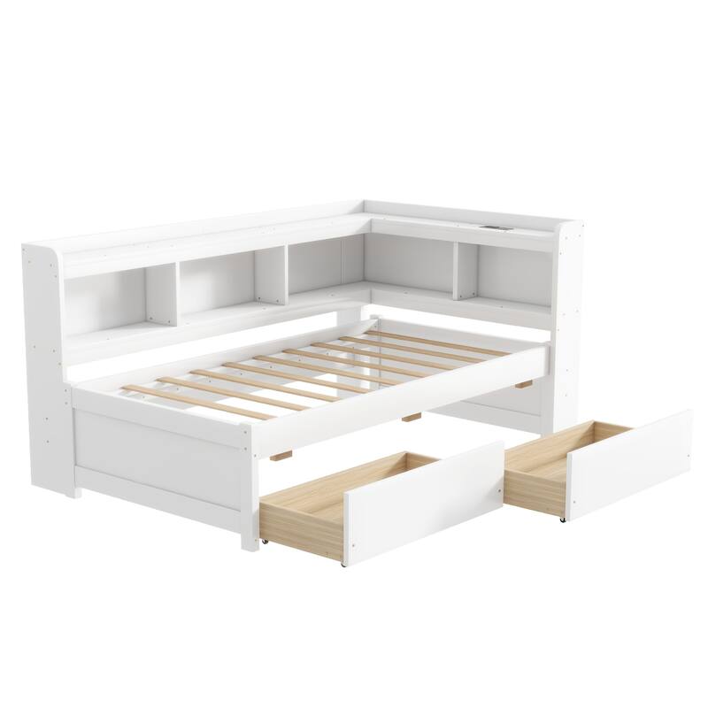 Corner Daybed Bookcases Bed with Power Outlets and Charging Ports, L-Shaped Storage Bed Frame Captains Bed with 2 Drawers