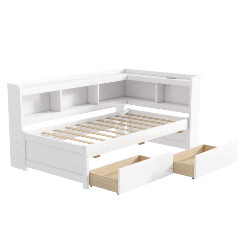 Twin Size Daybed with Bookcase and Headboard, Built-in USB Charging Ports, Storage Drawers and L-Shaped Bookshelf, Teens, Adults