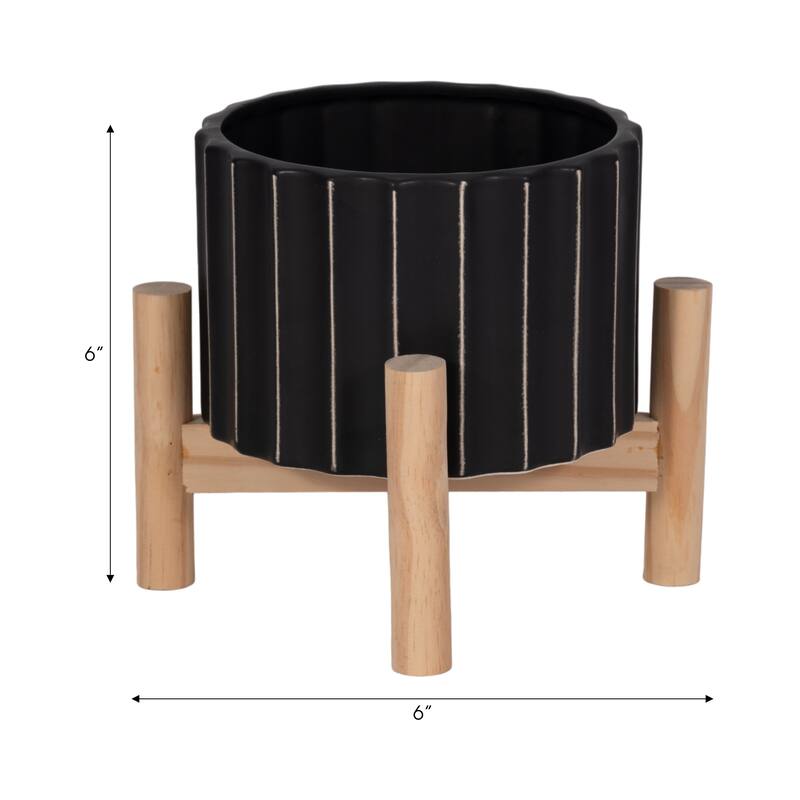 Ceramic Fluted Planter with Wood Stand - Black