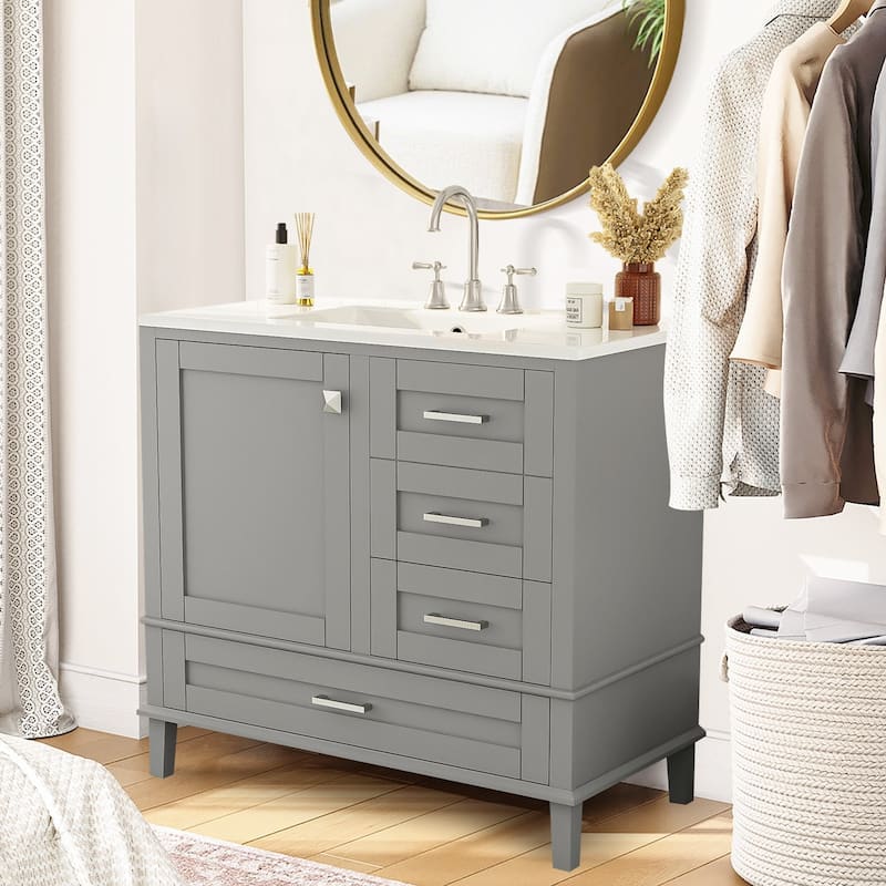 36" Bathroom Vanity with Ceramic Sink,Solid Pine Frame