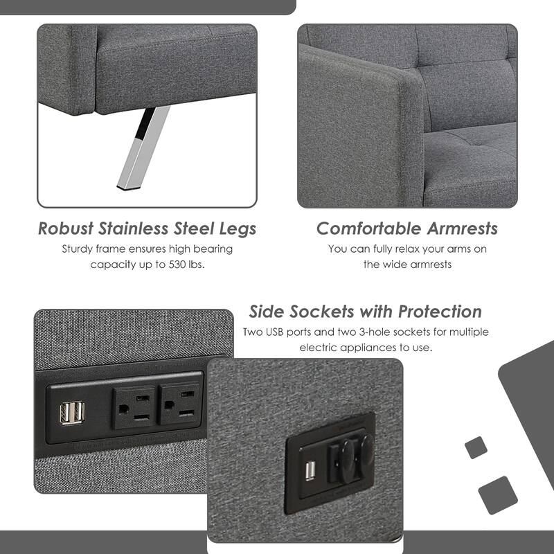 Costway Convertible Futon Sofa Bed Folding Recliner w/USB Ports&Power