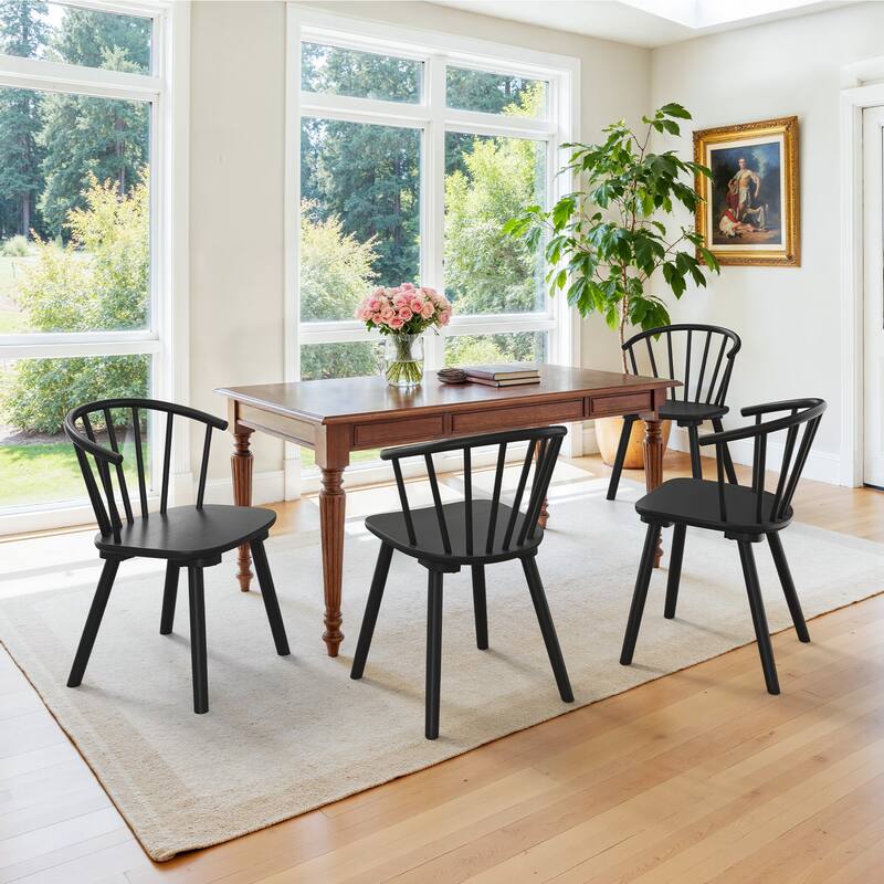 Wooden Dining Chairs with Spindle Backrest, Set of 2/4/6 Kitchen Chairs for Kitchen Island - Set of 4 - Black