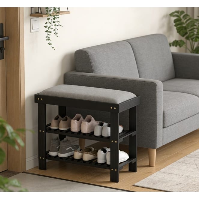 Shoe Organizer, Shoe Storage Bench, 3-Tier Entryway Bench - Black+ Gray