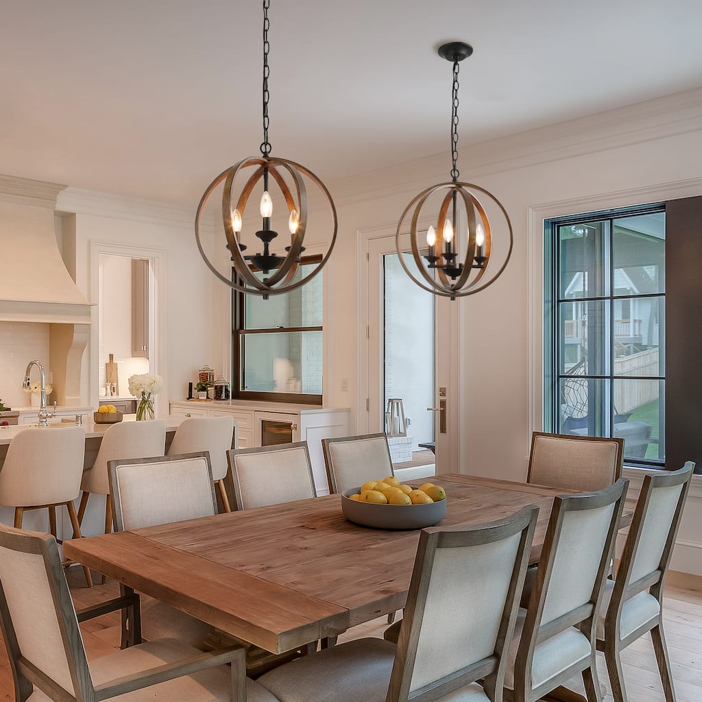 Farmhouse 3-Light Wood Grain Globe Chandelier Pendant for Kitchen Island Foyer - W 15.5 "x H 18 "