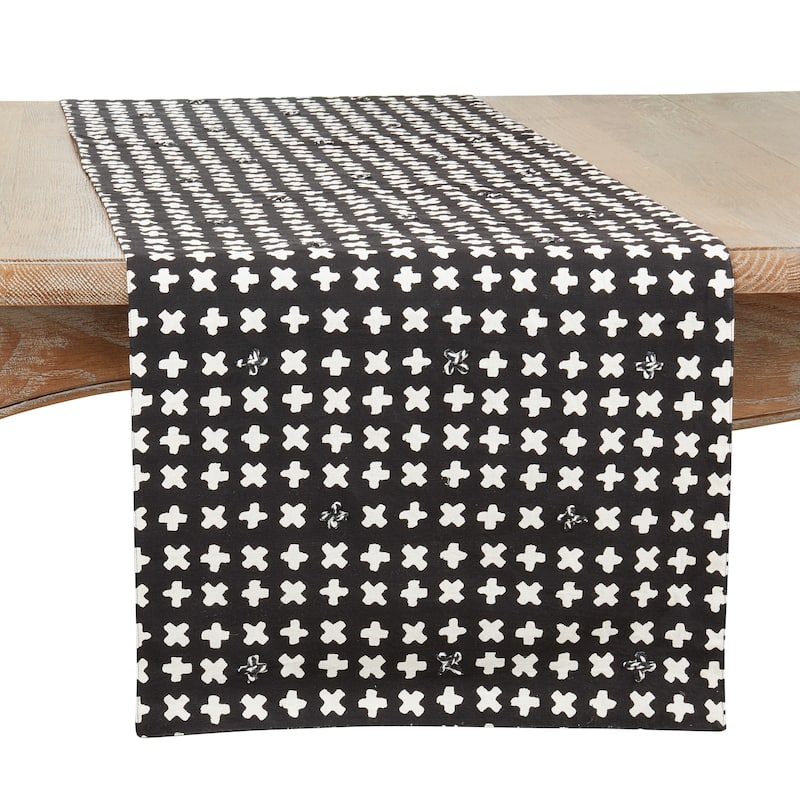 Embroidered Crosses Design Table Runner - 16"x72" - Black - 16"x72"