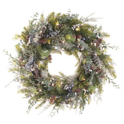30 in. Lighted Christmas Wreath - Rustic White Berry - Green
