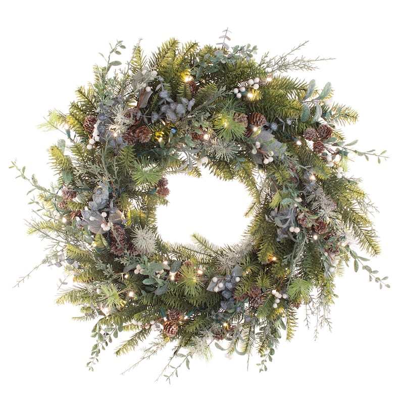 30 in. Lighted Christmas Wreath - Rustic White Berry - Green