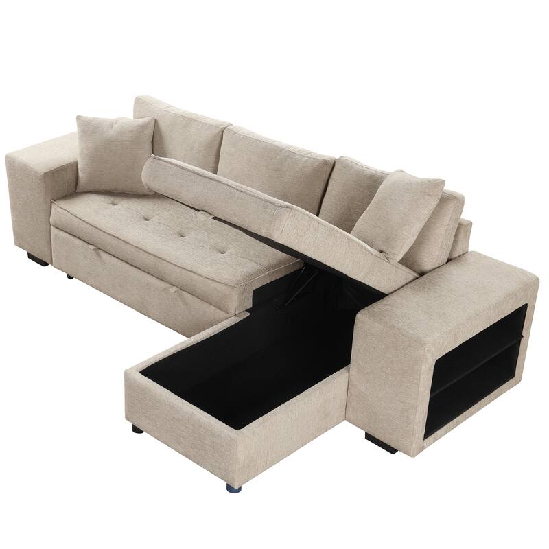 Convertible Sleeper Sectional Sofa, Reversible Sofa with Pull-Out Bed, Storage Chaise & 2 Stools, Linen Upholstered 4 Seat Sofa