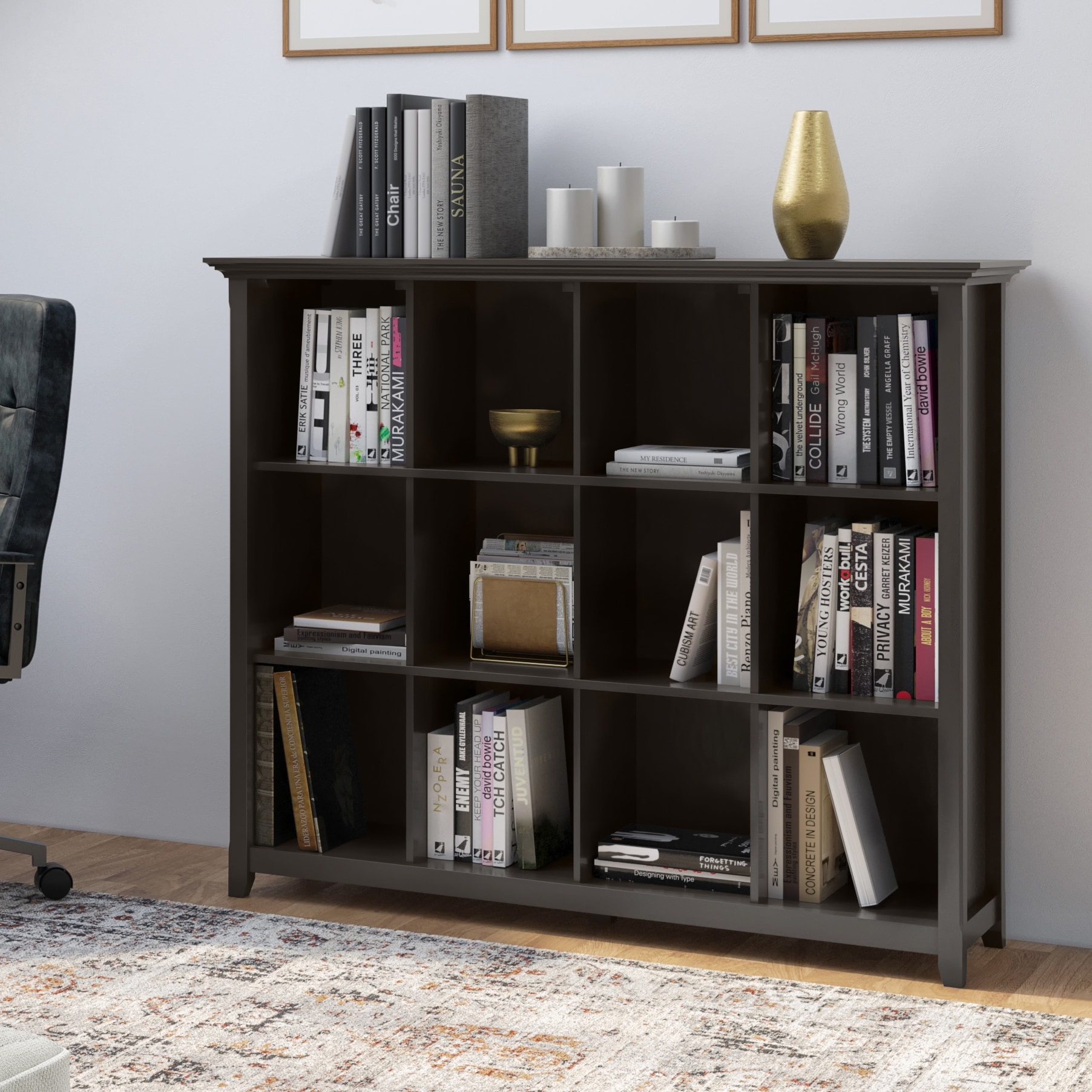 Halifax SOLID WOOD 48x57" Transitional 12 Cube Storage Bookcase in Hickory Brown - 15.75" D x 57" W x 48" H