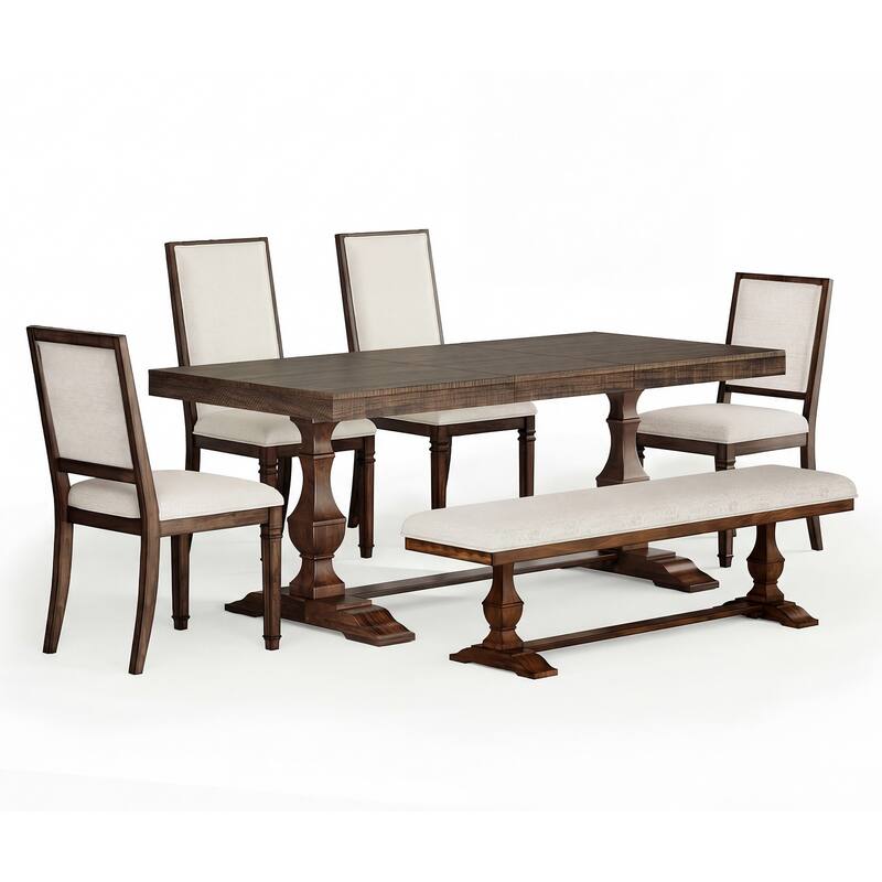 6-pieces Farmhouse Dining Table for 6, 74.8" Kitchen Table Set with 4 Chairs and Bench, Solid Wood Legs and Cushion Seat
