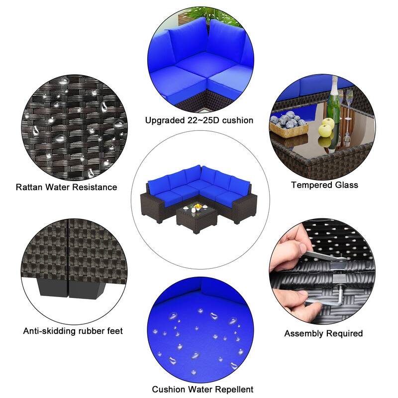 Outdoor Patio Sofa,6 Piece Rattan Furniture Set with Glass Table