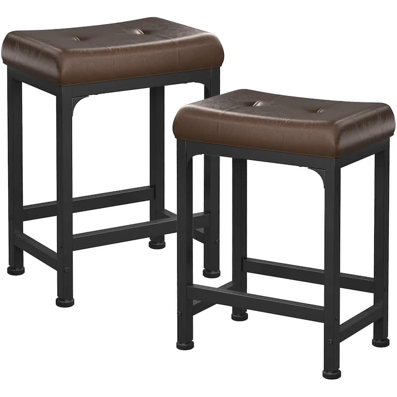 Counter-Height Stools Saddle Stool, PU Leather Barstools with Metal Base, Soft Cushion - Set of 2 - Brown