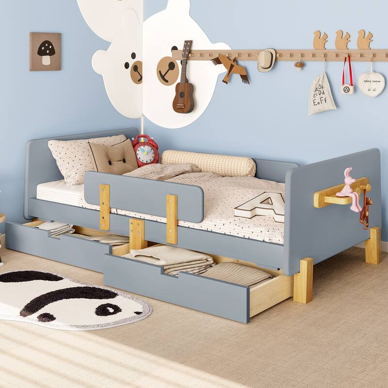 Twin Size Platform Bed with Storage Drawers, Solid Wood Beds Frame with Bed Guardrail, Small Shelf, and Hooks