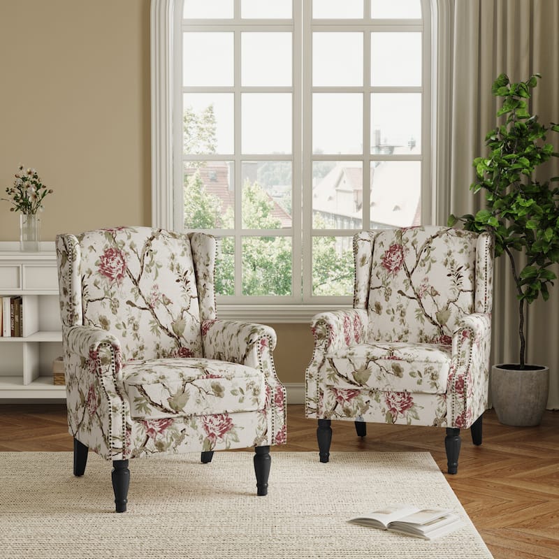 2 Set Transitional Patterned Wingback Accent Chairs with NailHead - Beige