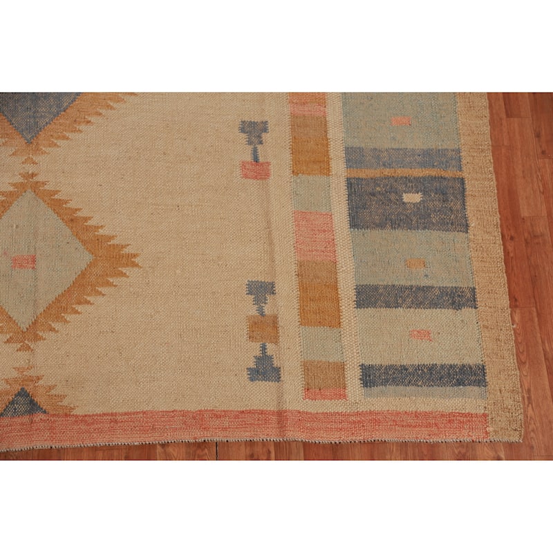 Hand Woven Oriental 100% Jute Carpet Southwestern Modern Beige & Ivories Kilim Area Rug - 12' 6'' X 9' 4''