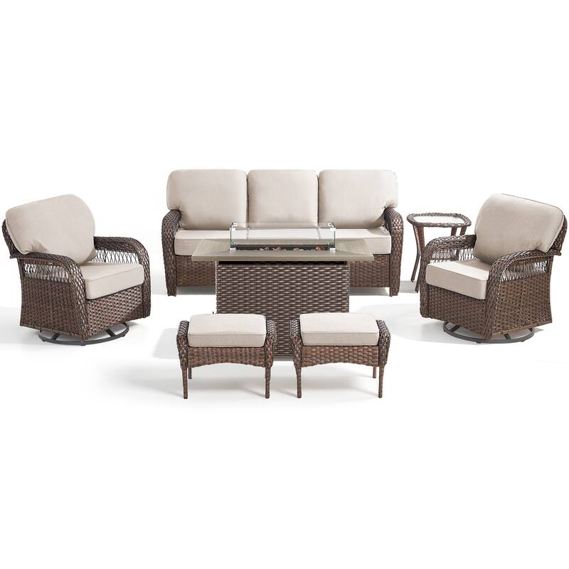 Pocassy Patio Sofa Ottoman Swivel Chair Table with Fire Table Funiture Set.