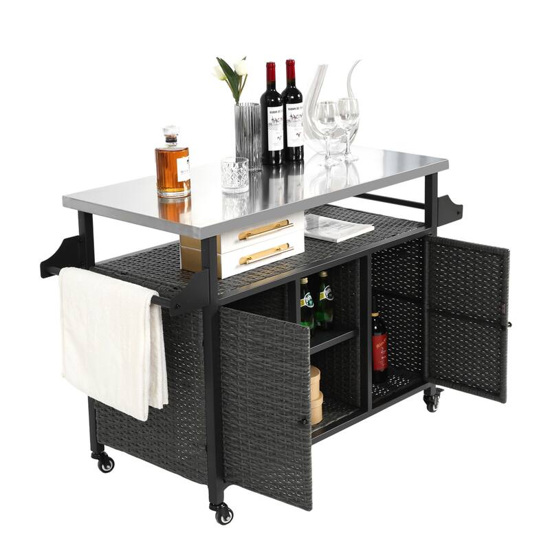 Outdoor Wicker Rolling Island w/ Stainless Steel Extended Top,Handle