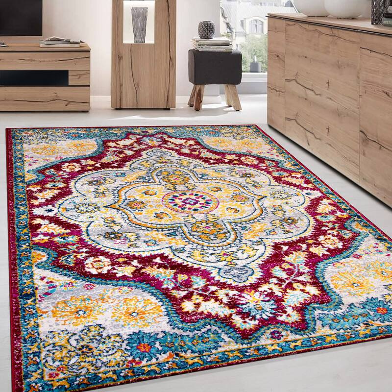 The Curated Nomad Sunset Distressed Vintage Bohemian Rug - 3' 3" x 5' - Red