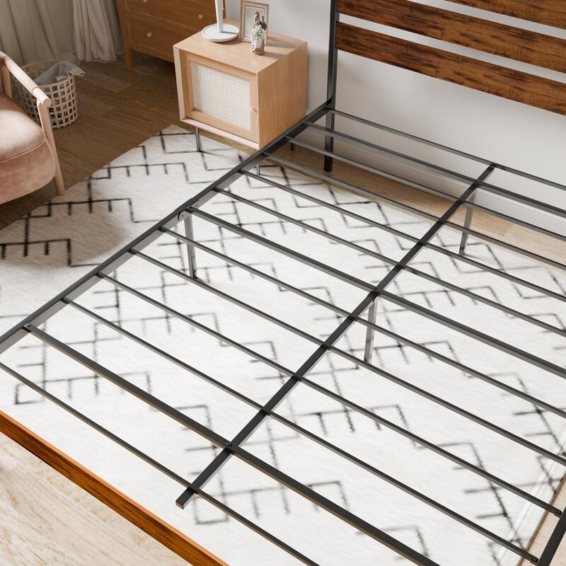 Rustic Queen Size Metal Platform Bed Frame with Wood Headboard & Footboard, Brown Finish