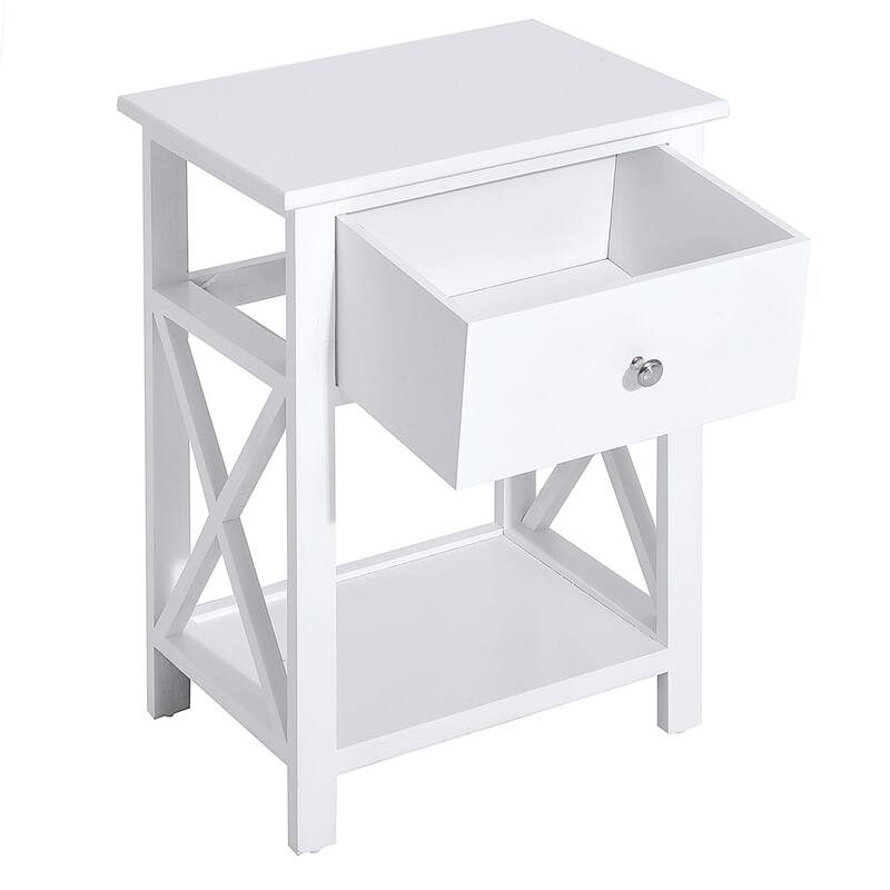 Side Table, Farmhouse End Table With Storage Drawer, Open Shelf And X-Frame - White