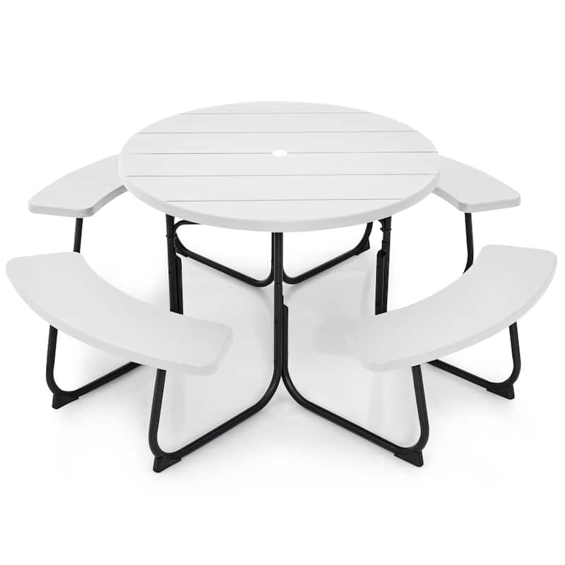 Outdoor Round Picnic Table Bench Set with 4 Benches & Umbrella Hole - White