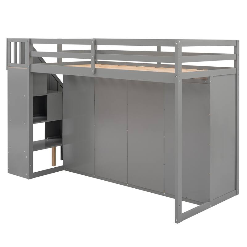 Space-Saving Loft Bed with Shelves, Wardrobes, Drawers, and Storage Ladder, Gray