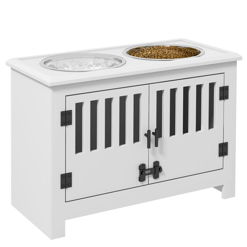 PawHut Large Elevated Dog Bowls with Storage Cabinet Containing Large 37L Capacity, Raised Dog Bowl Stand Pet Food Bowl - White - White