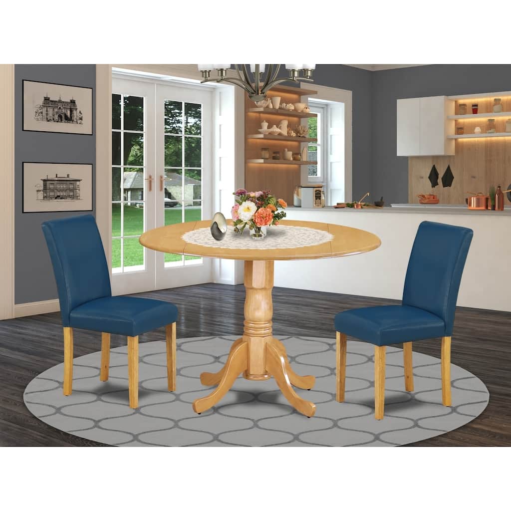 Round Dining Table Set - 42" Table w/ Drop Leaves & 2 Parsons Chairs - Linen White PU Leather