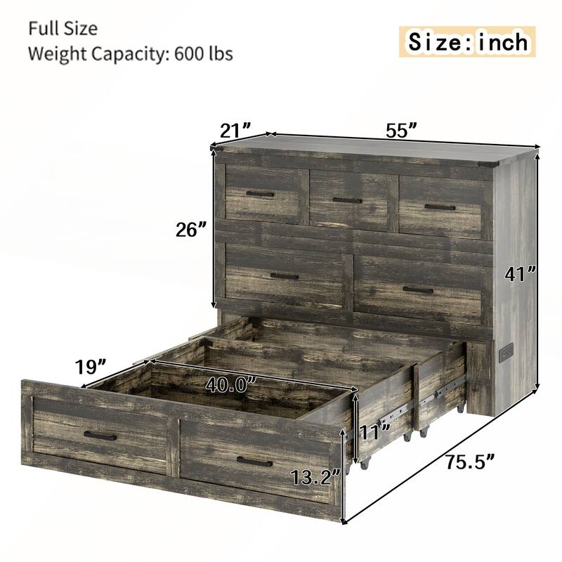 Murphy Bed Cabinet with Charging Station for Guest Room and Small Bedroom
