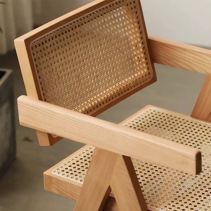 Modern Mid Century Wood Rattan Accent Dining Chairs with Armrest
