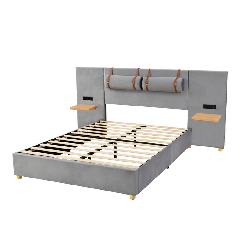 Full/ Queen Size Upholstered Platform Bed Frame with 2 USB Ports, Head Pillows and Side Storage Shelves