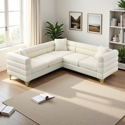 81.5" Teddy Fabric L-Shaped Sectional Sofa, 5-Seater Corner Couch with 3 Cushions
