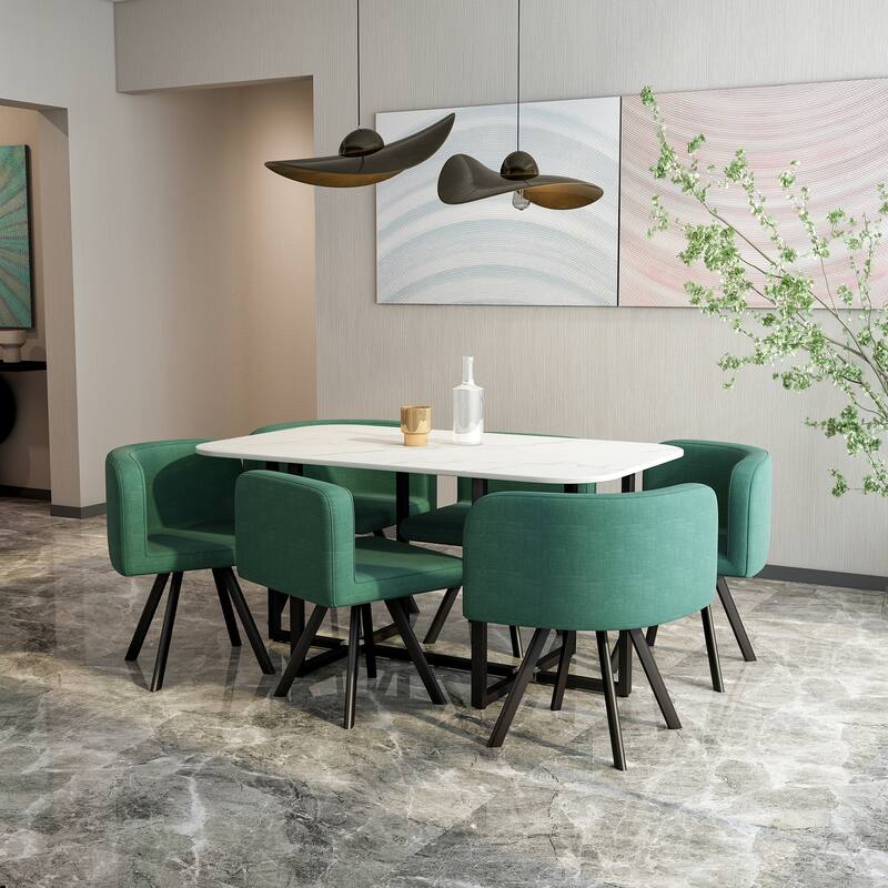 Modern 7-Piece Dining Table Set with 6 Curved Backrest Green Accent Chairs, 59" Dining Table Coffee Table
