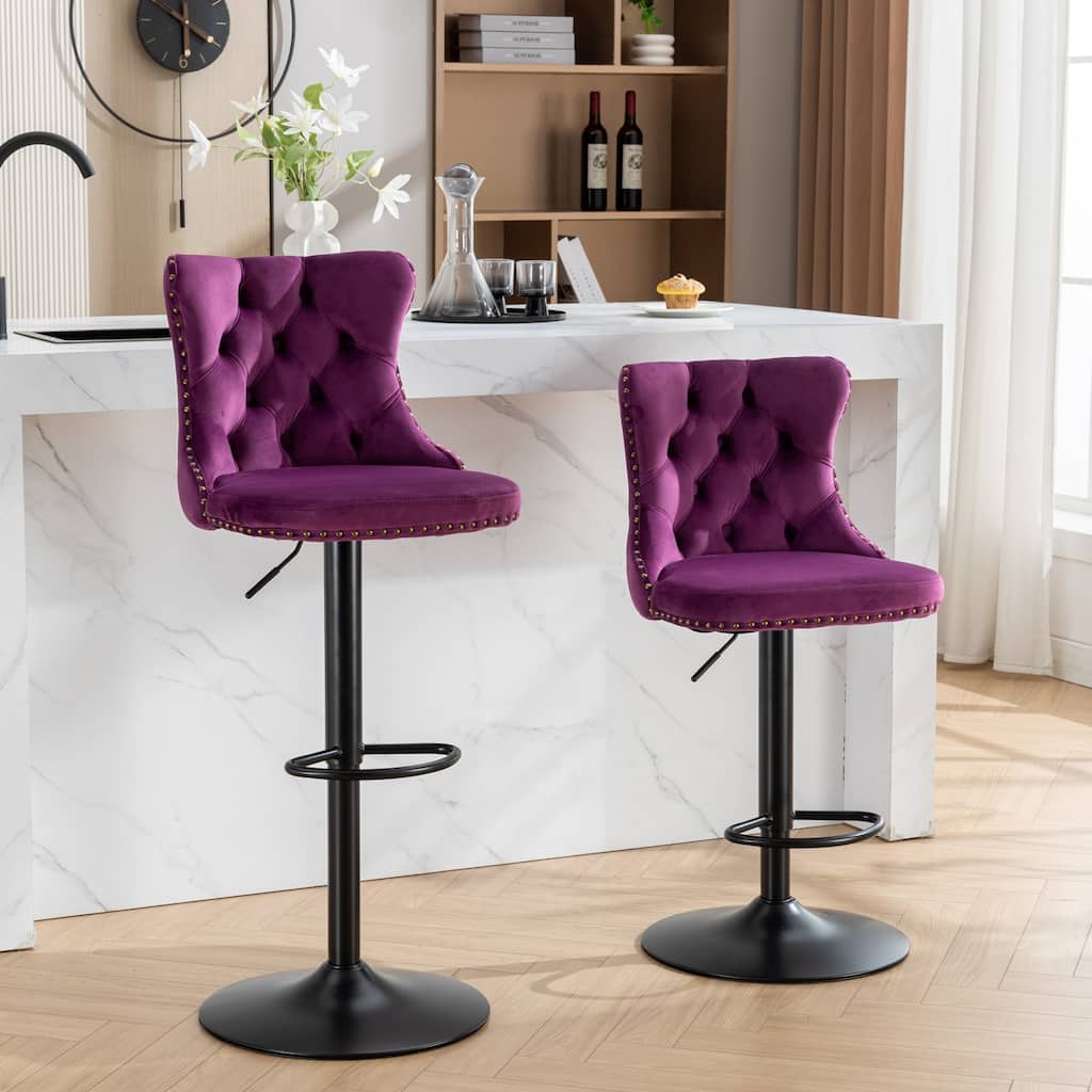 Velvet Swivel Barstools Purple Dining Chair Set Counter High Chair