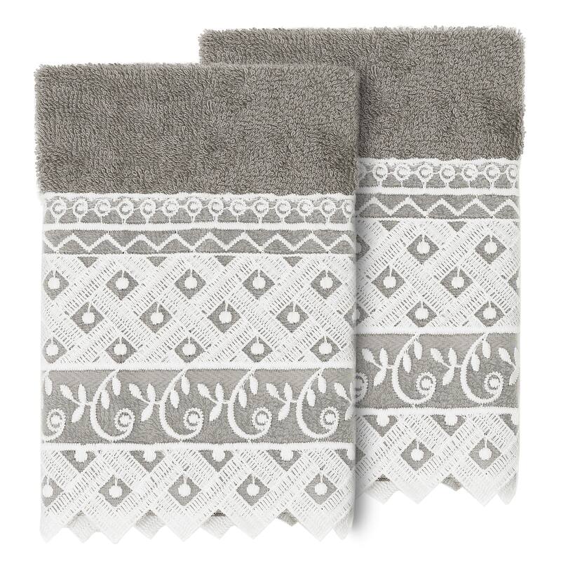 Authentic Hotel and Spa 100% Turkish Cotton Aiden 2PC White Lace Embellished Washcloth Set - Dark Gray