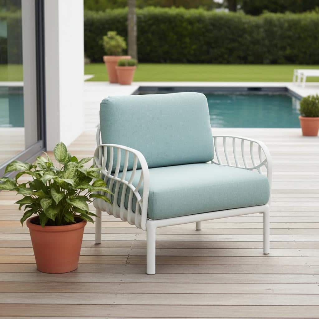 31" White Heavy Duty Plastic Outdoor Armchair With Sea Green Cushion