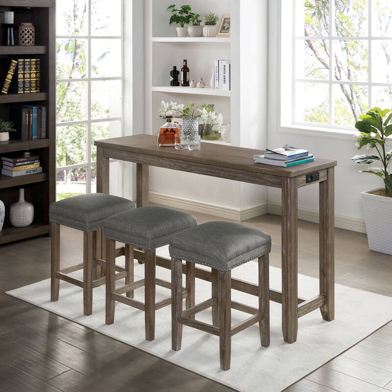 Transitional Style 4pc Dining Table Set 1x Table 3x Stool Padded Seat Nailhead Trim USB Port