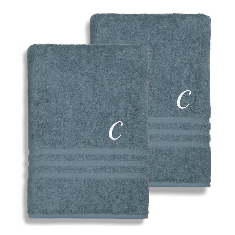 Authentic Hotel and Spa Omni Turkish Cotton Terry Set of 2 Medium Blue Bath Towels with White Script Monogrammed Initial - C