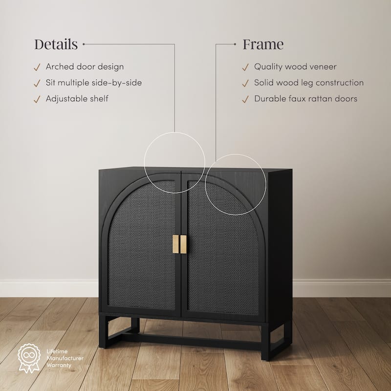 Paxton Boho Wood Storage Cabinet with Doors, Small Storage Cabinet or TV Stand with Rattan Door Details