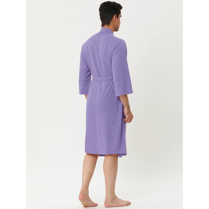 Men's Waffle Bathrobe Solid Color Sleepwear 3/4 Sleeve Kimono Spa Robe