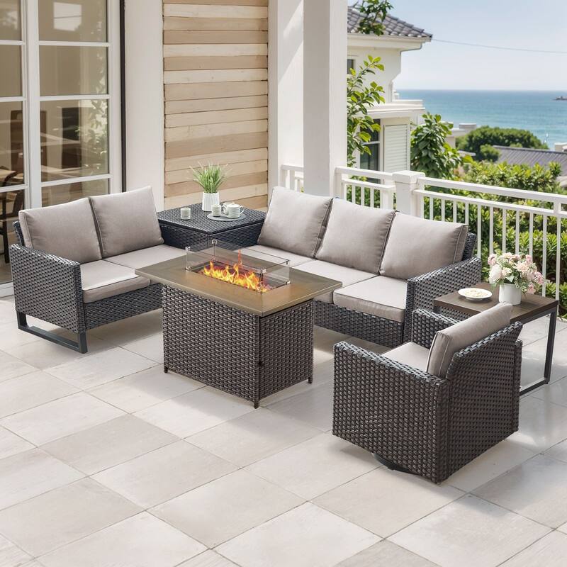 Gymojoy 6 Person All-Weather Wicker Outdoor Conversation Set Seating Group With Fire Pit Table