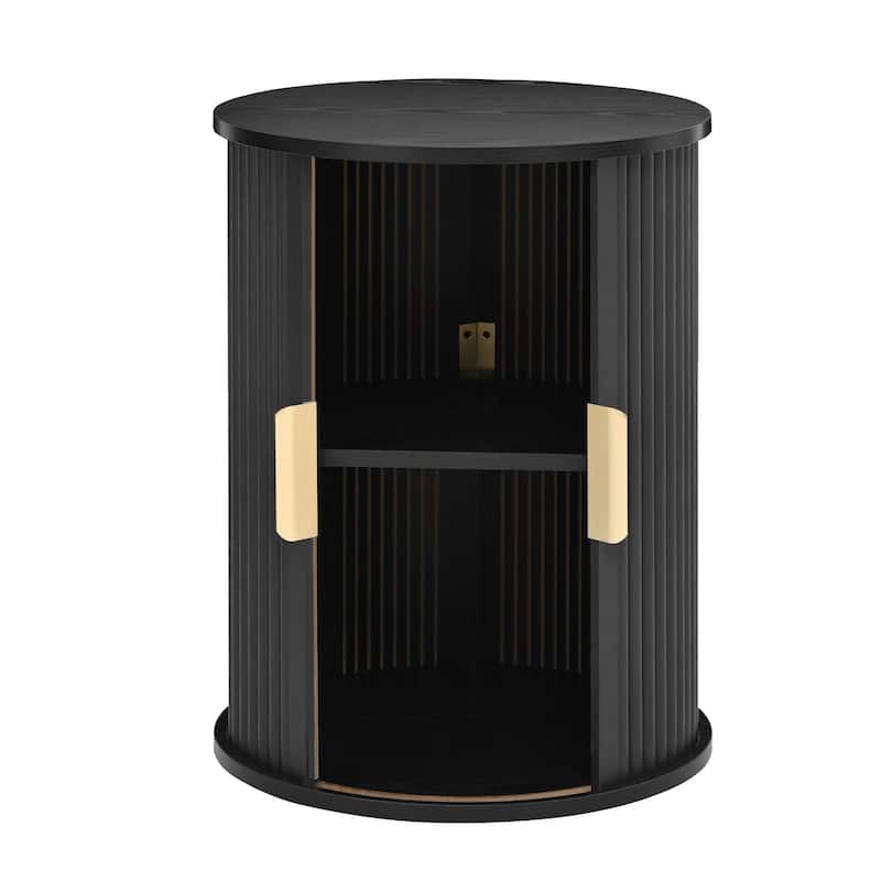 Mid-Century Coffee Table Set with Sliding Tambour Door - Round Fluted End Table with Storage