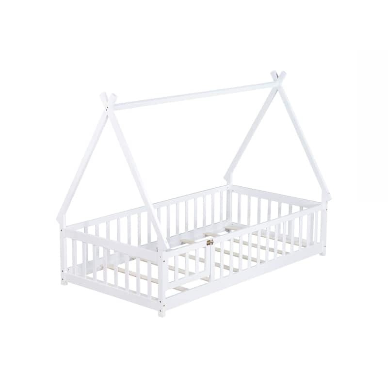 Twin Tent-shaped Floor Bed,Teepee Bed with Guardrails,Slats and Door