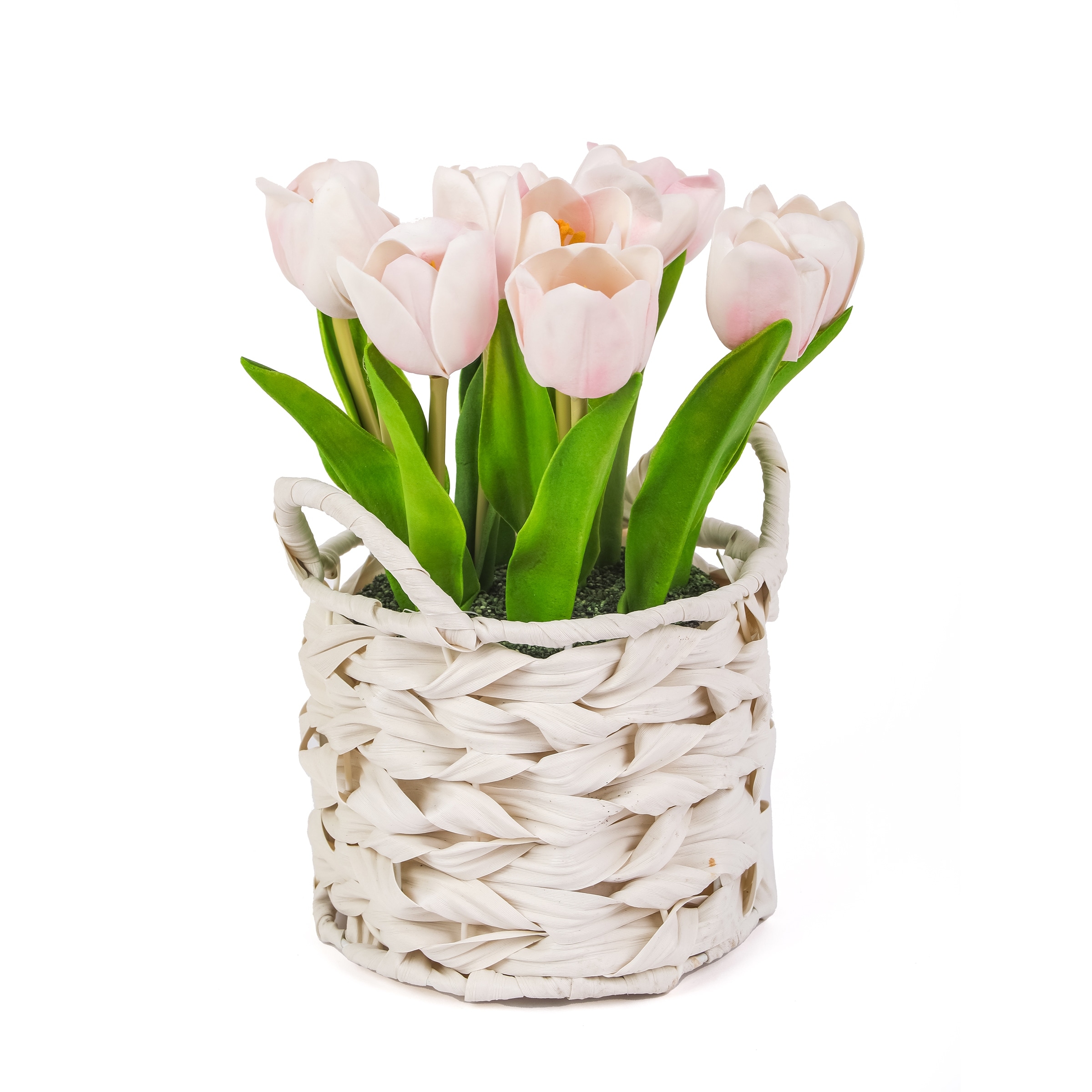 National Tree Company 10 in. Pink Tulip Bouquet in White Basket - 10 in