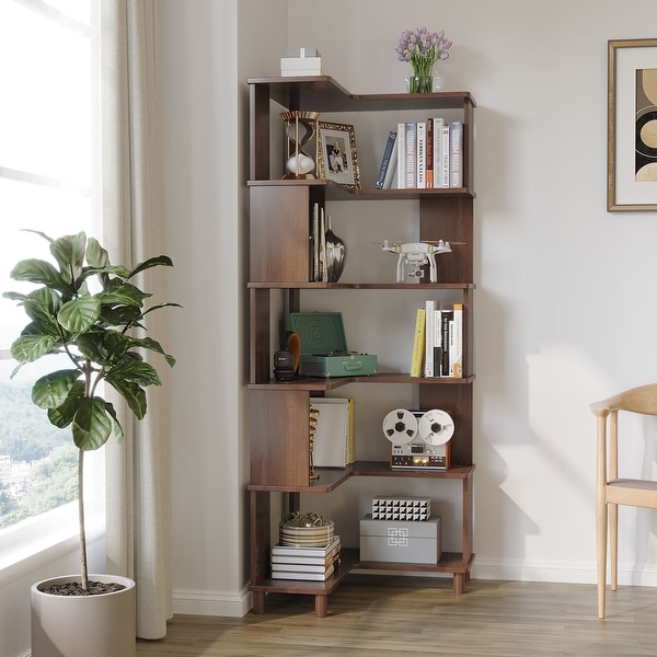 Solid Wood Corner Bookshelf, 6-Tier Oak Storage Rack for Small