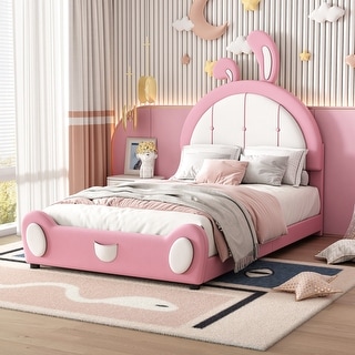 Twin Size Upholstered Platform Bed with Rabbit Shaped Headboard in Pink